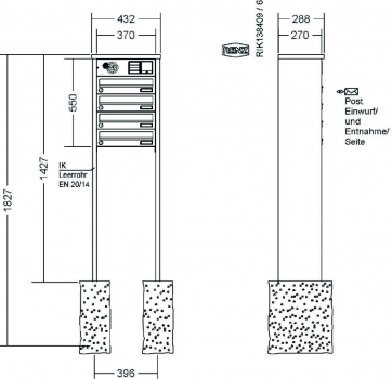 RENZ Briefkastenanlage freistehend, Tetro, Edelstahl V4A, Kastenformat 370x110x270mm, mit Klingel - & Lichttaster und Vorbereitung Gegensprechanlage, 4-teilig